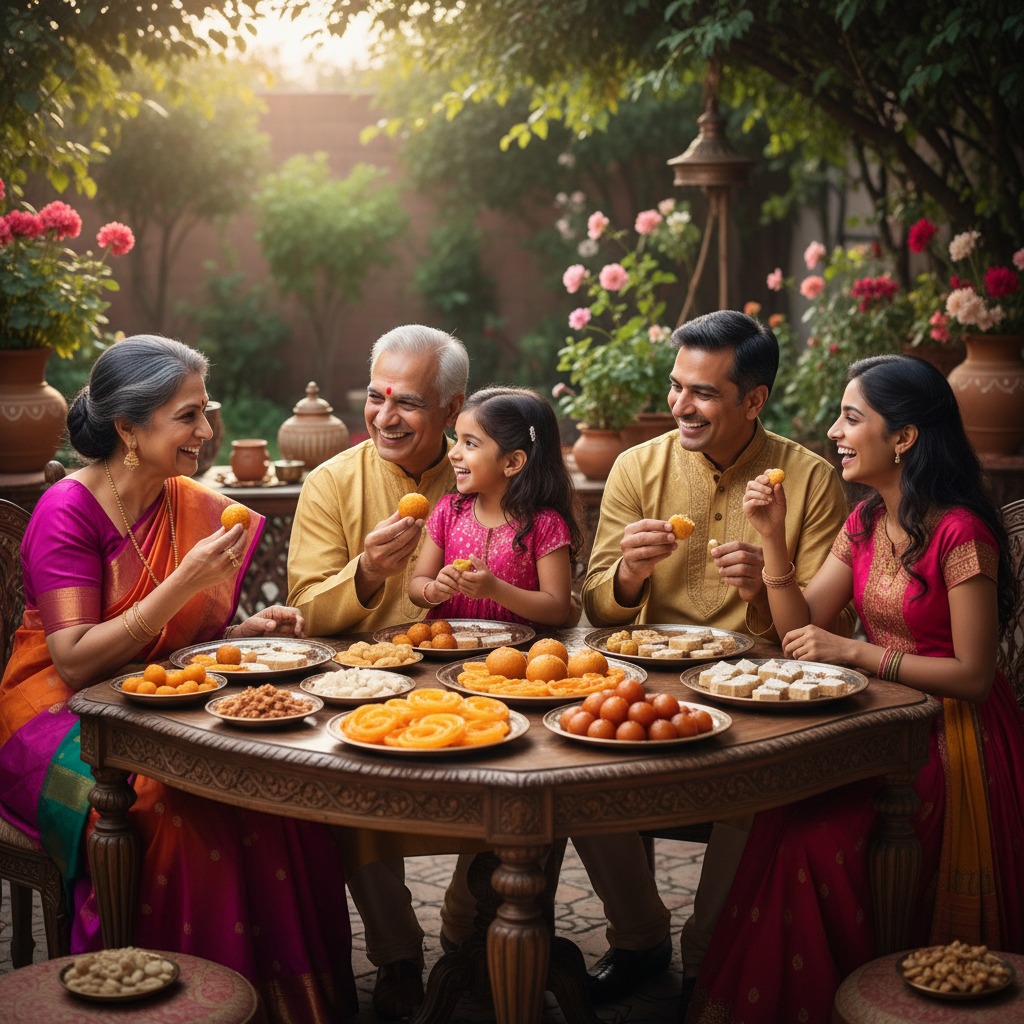 A multi-generational family in traditional Indian attire sits around a table outdoors, smiling and eating various sweets.